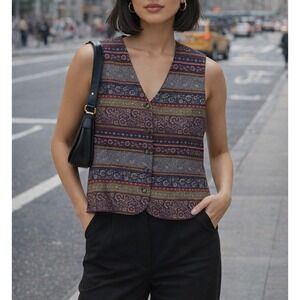 VTG Talbots Women's Vest Top Purple 10P Pure Silk Paisley Relaxed Boho City Chic